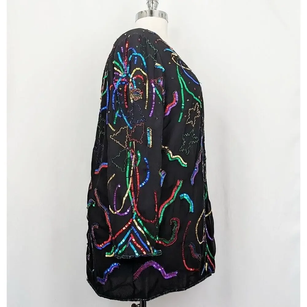 French Collizini Jacket Black Colorful Glamoratti Sequin Women's Size 2X New